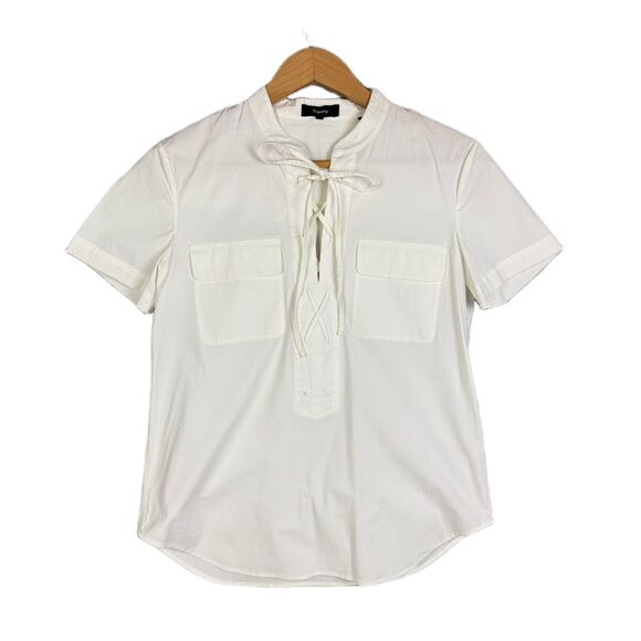 Theory White Short Sleeve Lace Up Collar Pocket Shirt Top Size S - Picture 2 of 9